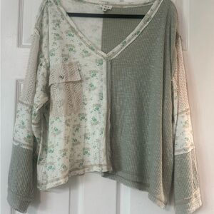 POL Green and Cream Patchwork V-Neck Blouse